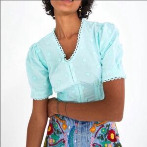Farm Rio Harmonia Mint Green Eyelet Top Short Sleeve Crop Hook Eye Small
